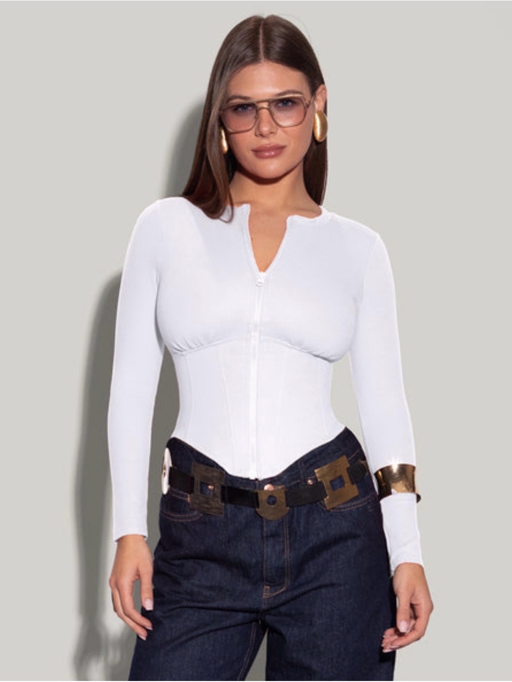 TA3 Long Sleeve Corsety Top White Size M Medium NWT